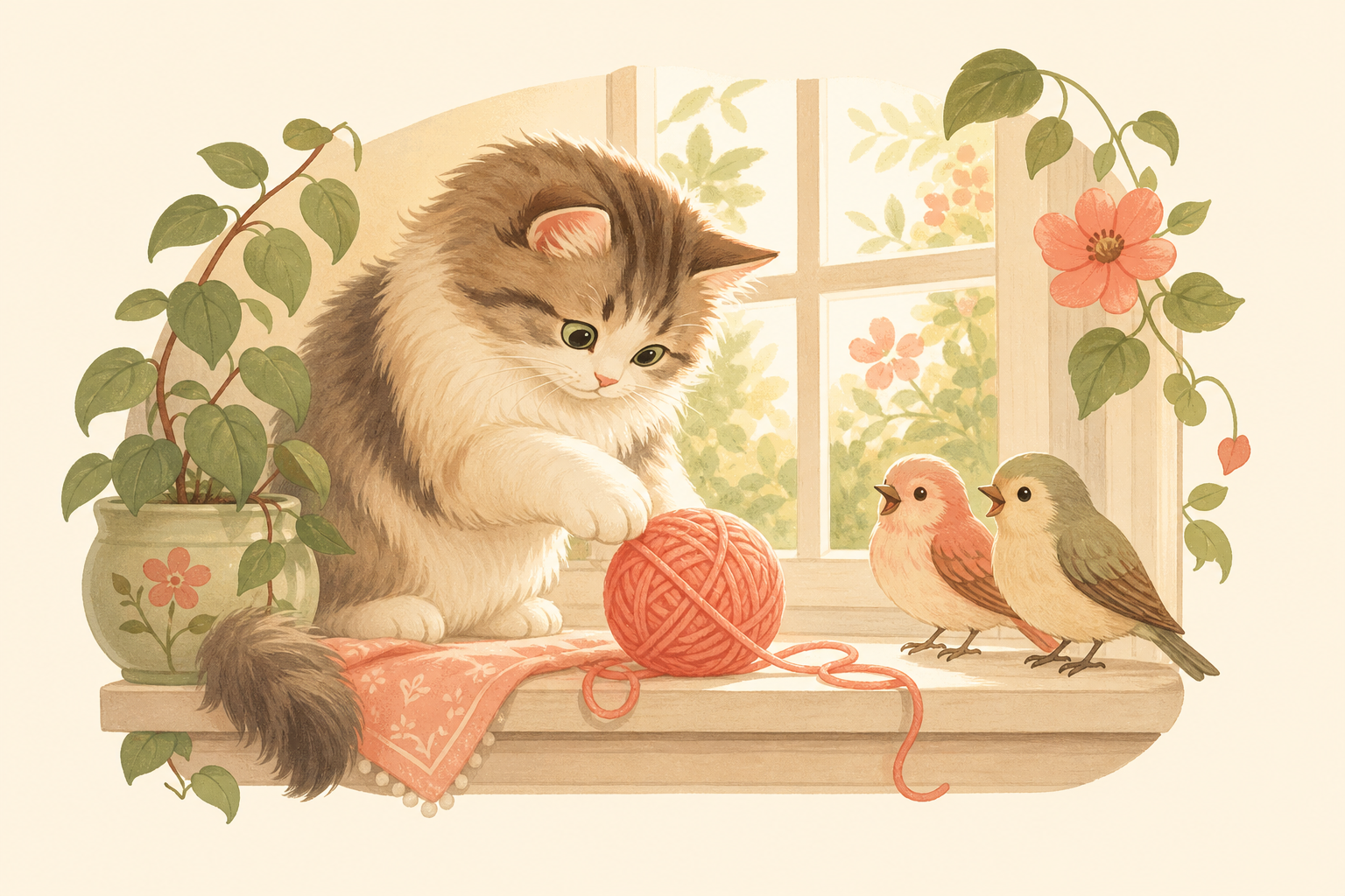 A cosy illustrated scene of a fluffy cat batting at a ball of yarn while two small birds perch nearby, watching with cheerful curiosity